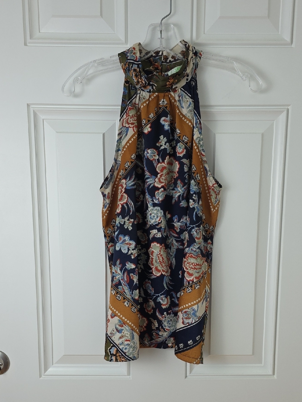 Jade Melody Tam Floral Halter Top in Navy, Mustard & Olive.  Size Medium